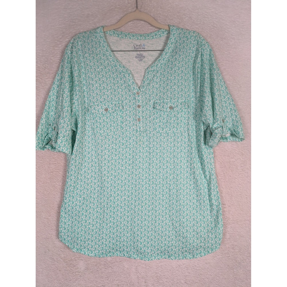 Croft & Barrow Henley Top Women's L Teal Floral Short Sleeve Button Pocket